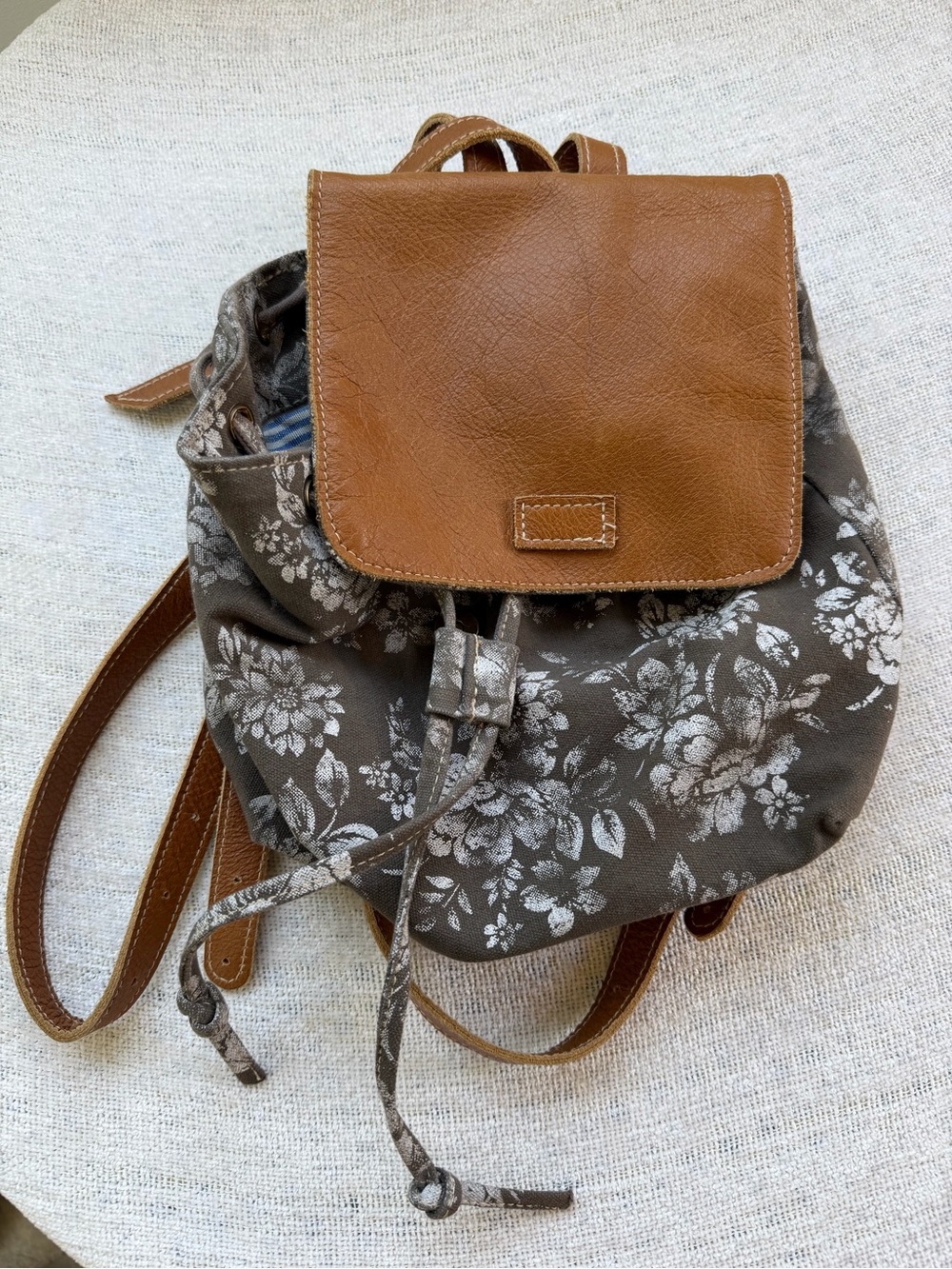 Brown Floral Canvas Backpack with Tan Faux-Leather Flap